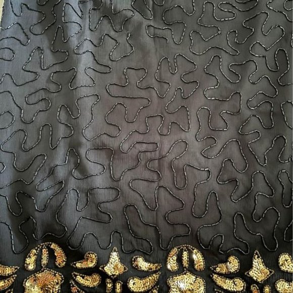 Fabulous Vintage 80s Slinky 100% Silk Black Sequined Skirt w/ Gold Border - Picture 2 of 7